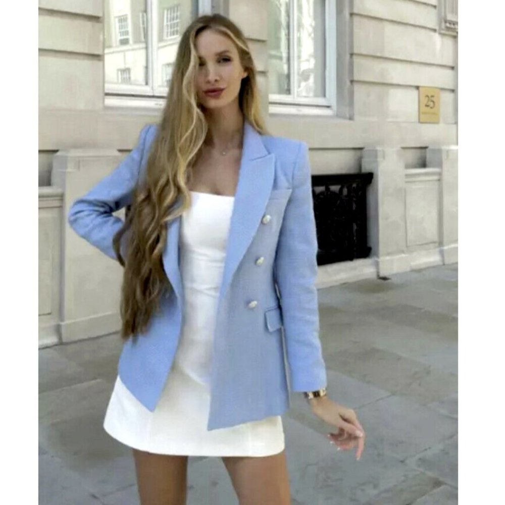 ZARA WOMEN NEW SKY BLUE Textured Weave Jacket Tweed Blazer 7822/480 XS